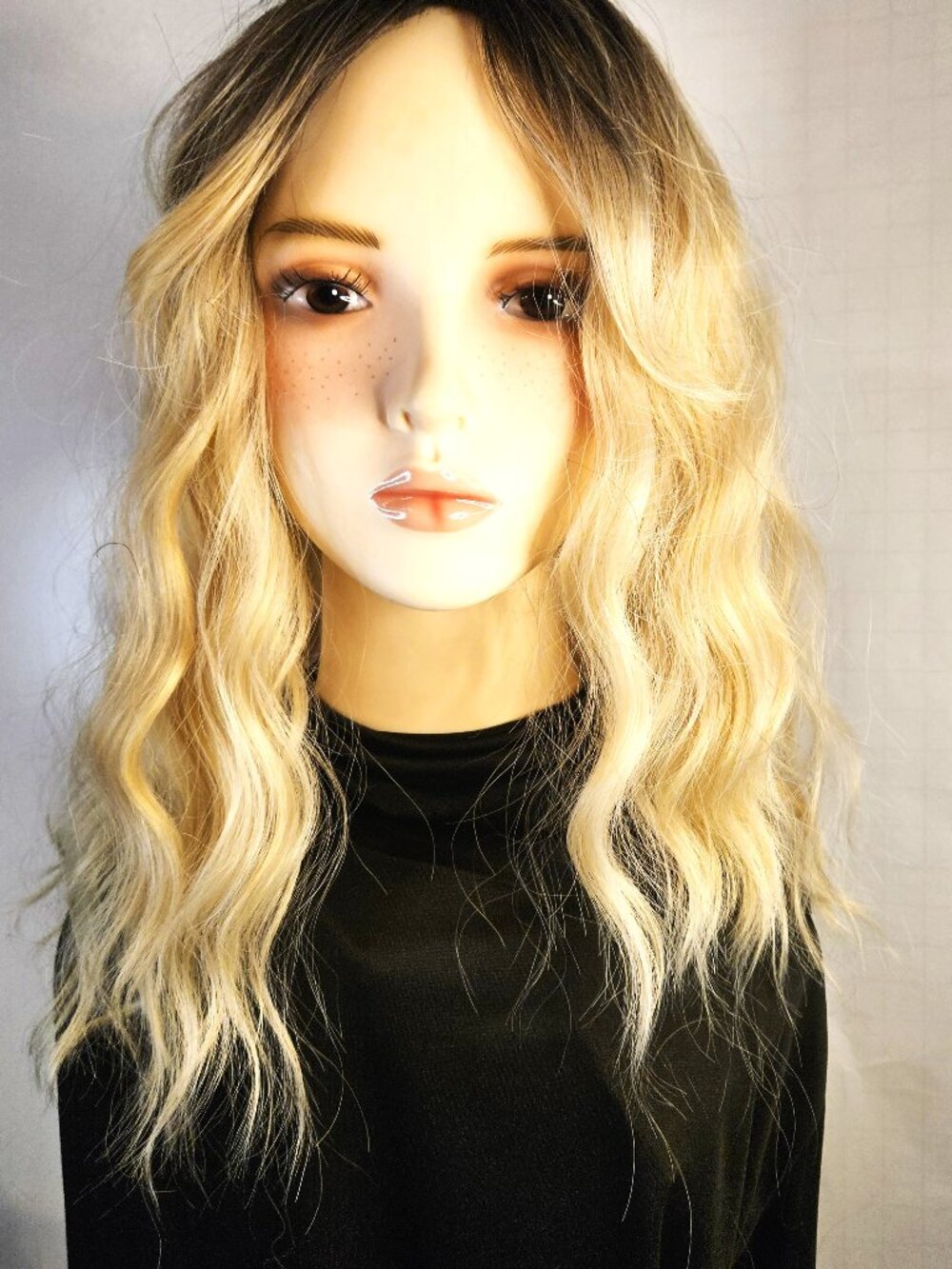 Glow Up Blonde Ombre Wavy Textured Long Wig Heat Safe. Dark rooted Ice Blonde